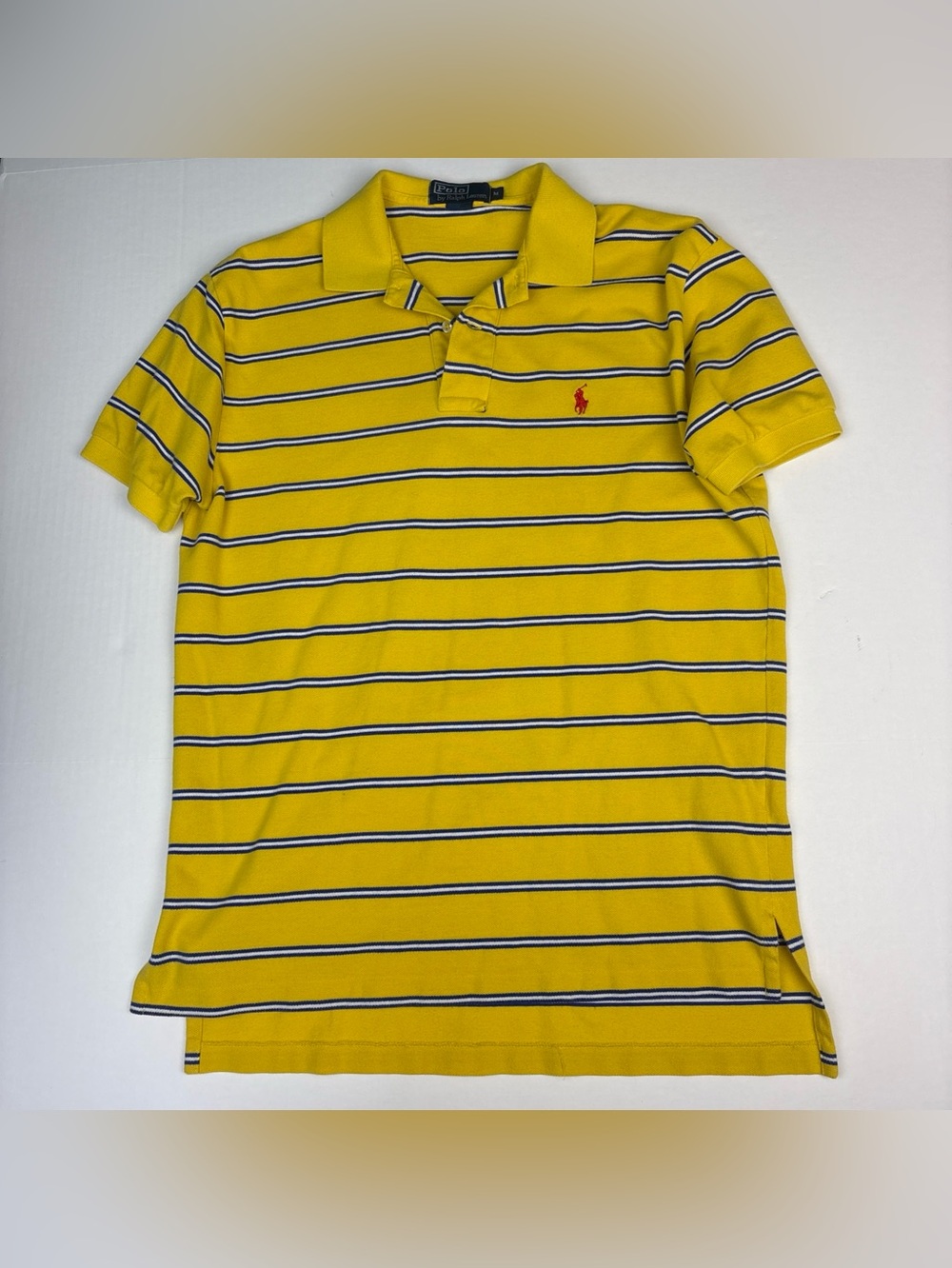 Polo Ralph Lauren Men Medium Polo Shirt Short Sleeve Yellow Blue White Striped